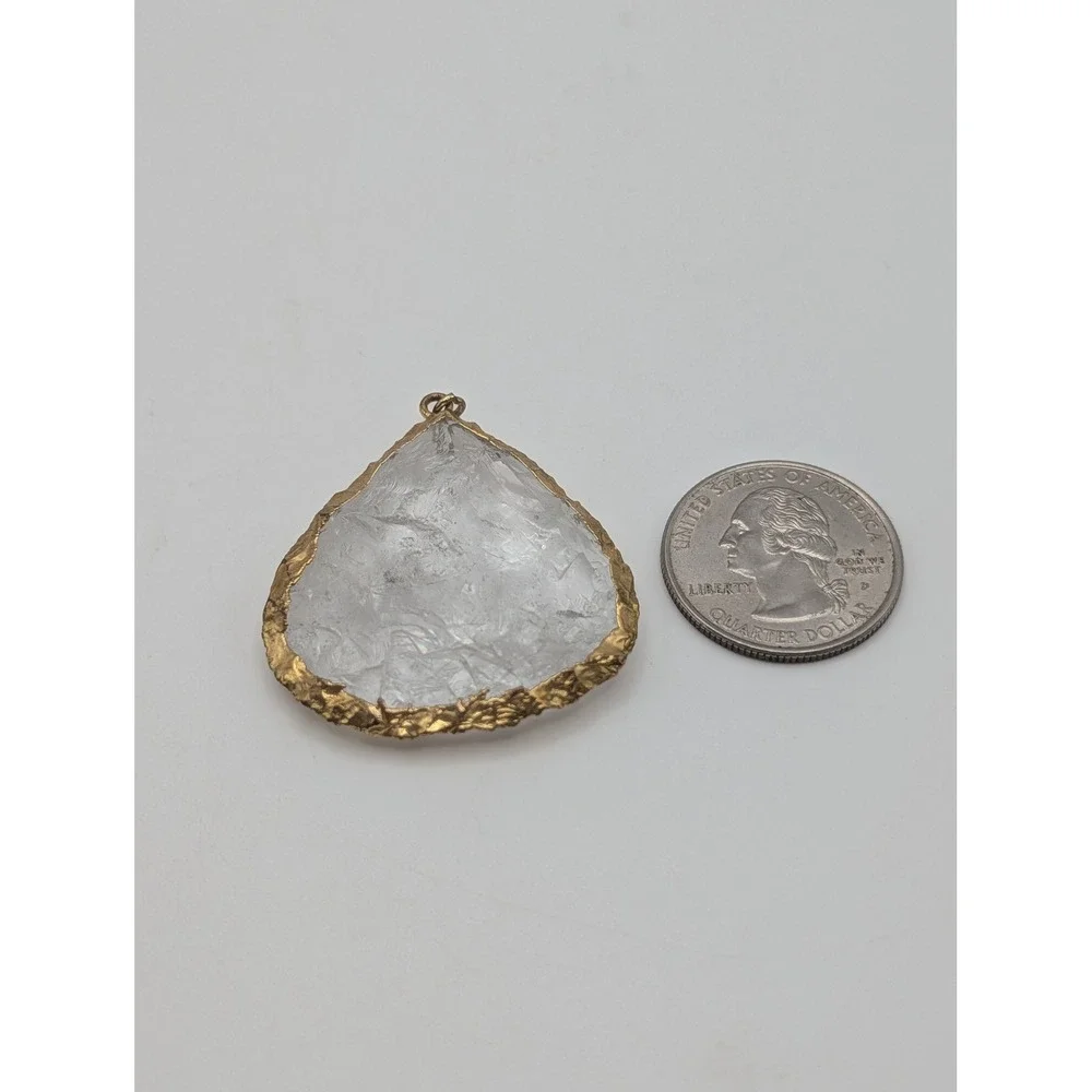 Unsigned Raw Clear Quartz Crystal Slice Pendant Gold Tone Edge Boho Statement